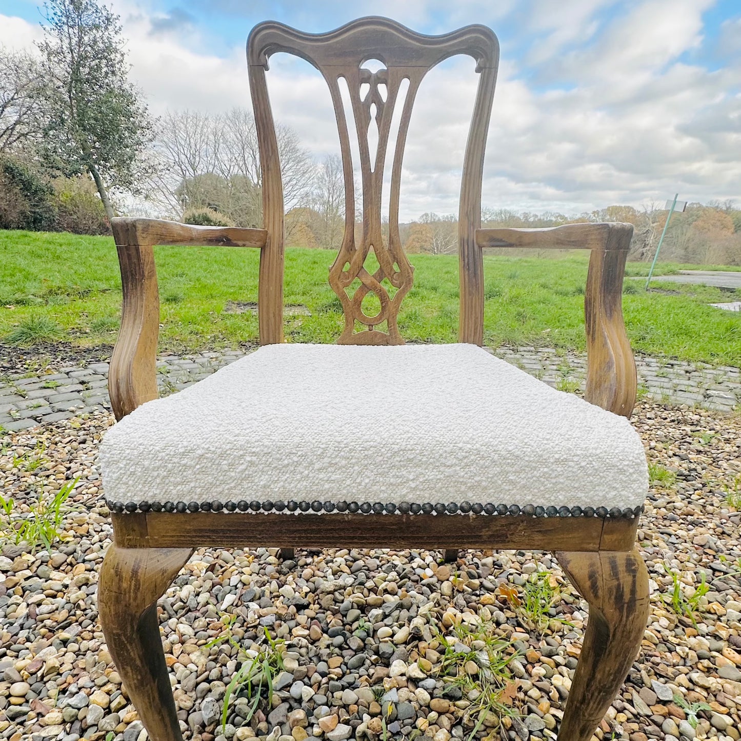 Upholstered Antique Queen Anne Style Carver Oak Chair in Boucle