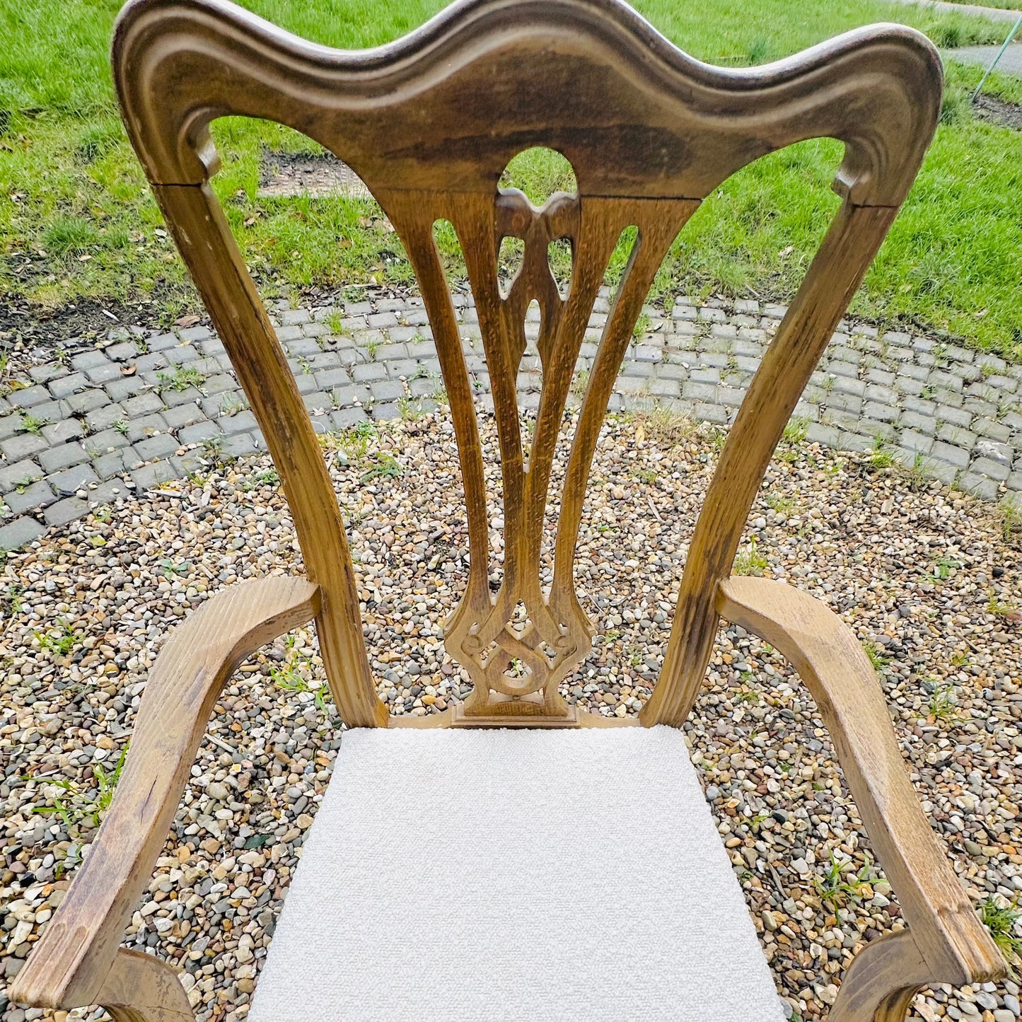 Upholstered Antique Queen Anne Style Carver Oak Chair in Boucle
