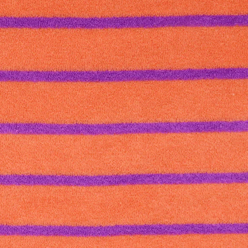 Cotton towelling fabric with horizontal lavender lilac stripes on an orange absorbant cotton