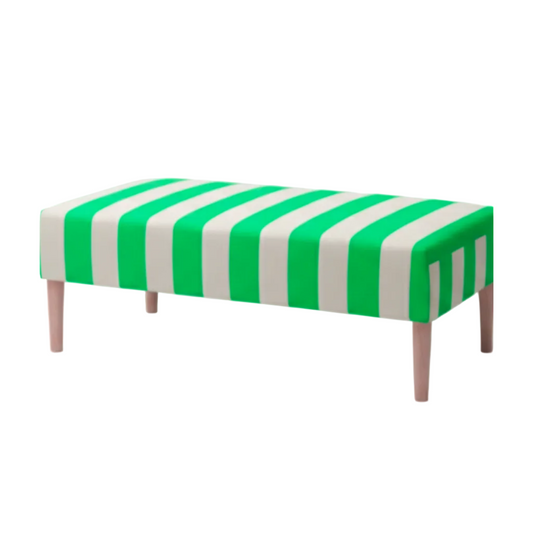 Green and white striped ottoman bench on a linen fabric 
