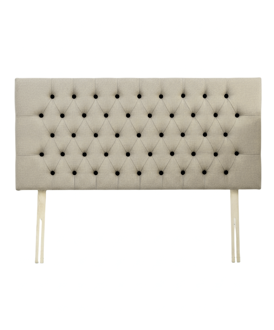 upcycled upholstered linen headboard black button tufting detail
