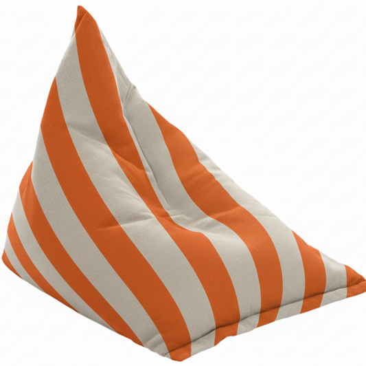 Triangle-shaped pillow with orange and white stripes on a white background