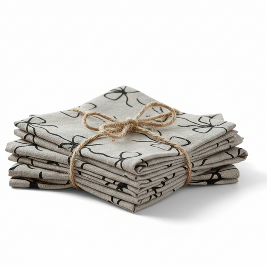 Hand-Painted Bow print Linen Table Napkins Linen Set of 2