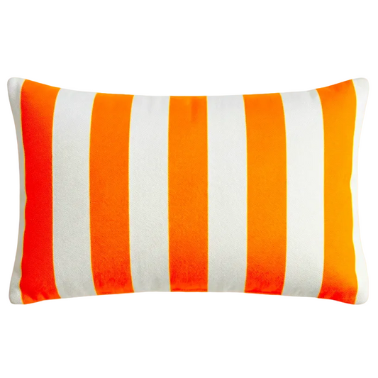 Rectangular pillow with orange and white vertical stripes on a light gray background