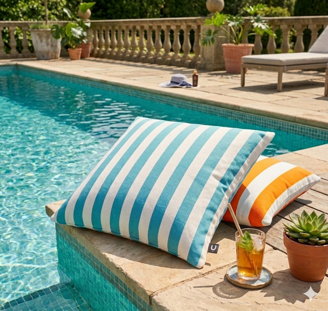Large Indoor Outdoor Cotton Canvas Stripe Cushion | Water-Resistant Garden & Pool Pillow