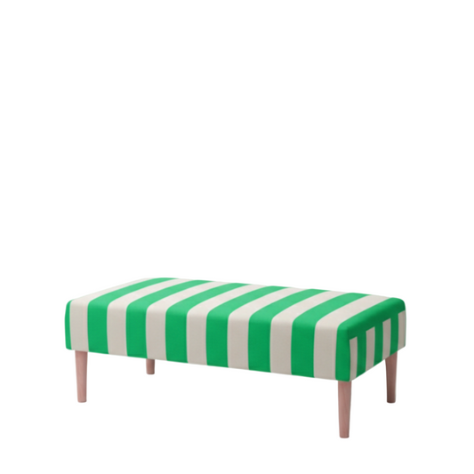 Green and white striped bench on a gray background