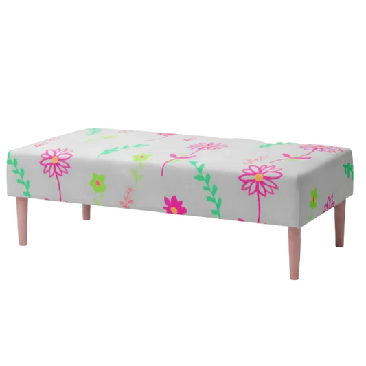 Upholstered hand drawn Floral print ottoman bench seat with wooden  legs on linen fabric