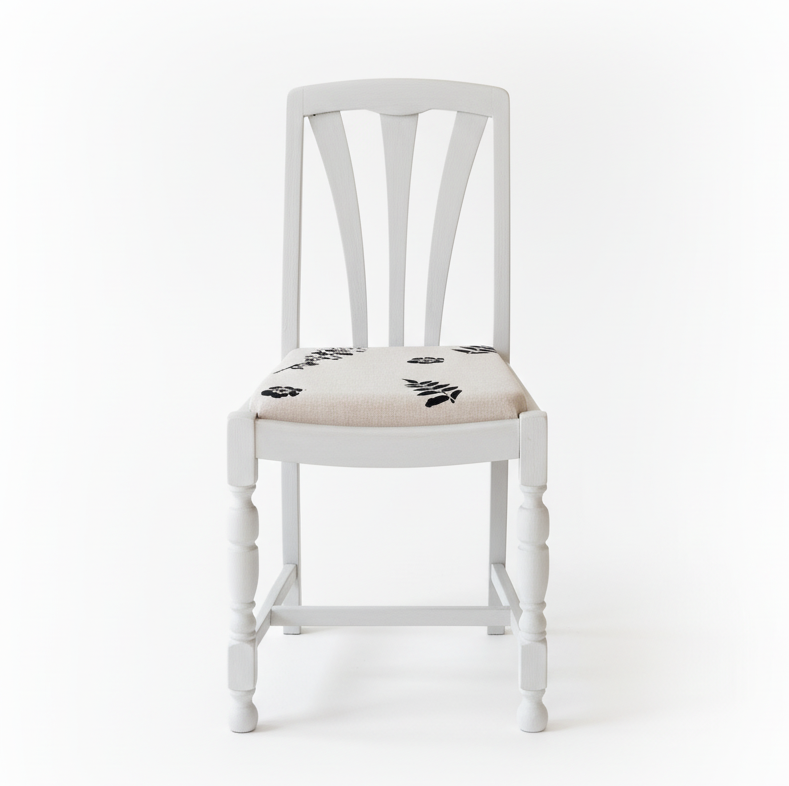 Upholstered Vintage 1920s Dining Chair Set of 4 in hand-illustrated Linen print