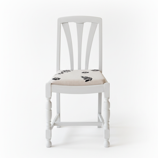 Upholstered Vintage 1920s Dining Chair Set of 4 in hand-illustrated Linen print