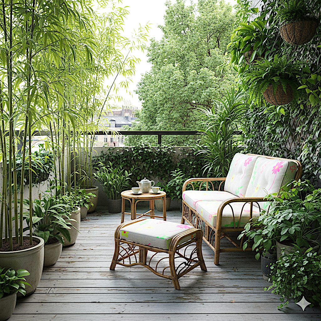 Outdoor patio with wicker furniture, plants, and a teapot on a wooden deck.
