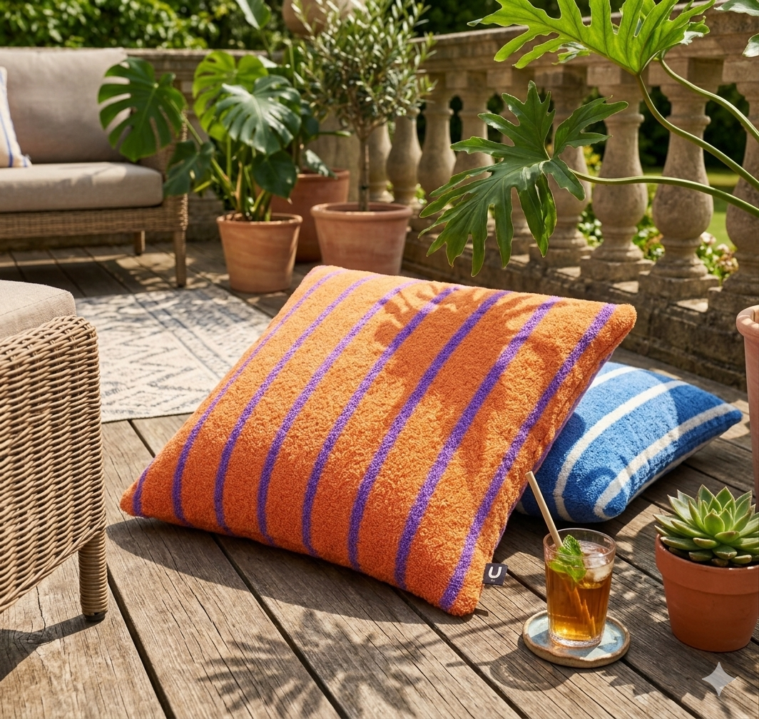 Large Indoor Outdoor Terry Striped Cushion | Water-Resistant Garden & Pool Pillow