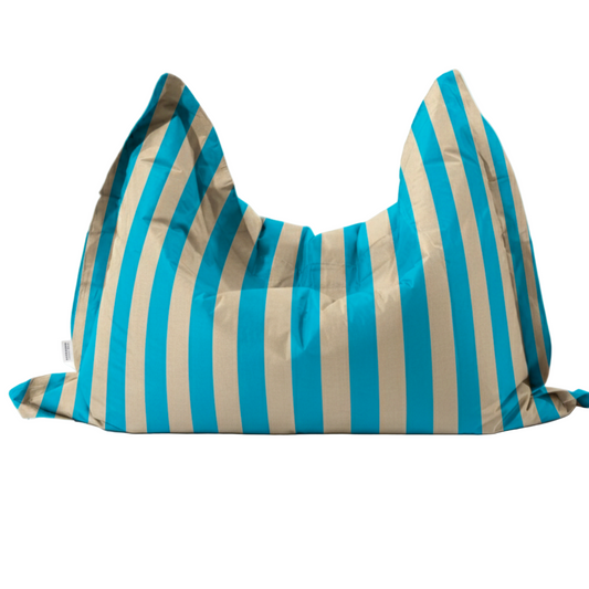 Striped bean bag chair with blue and beige stripes on a white background
