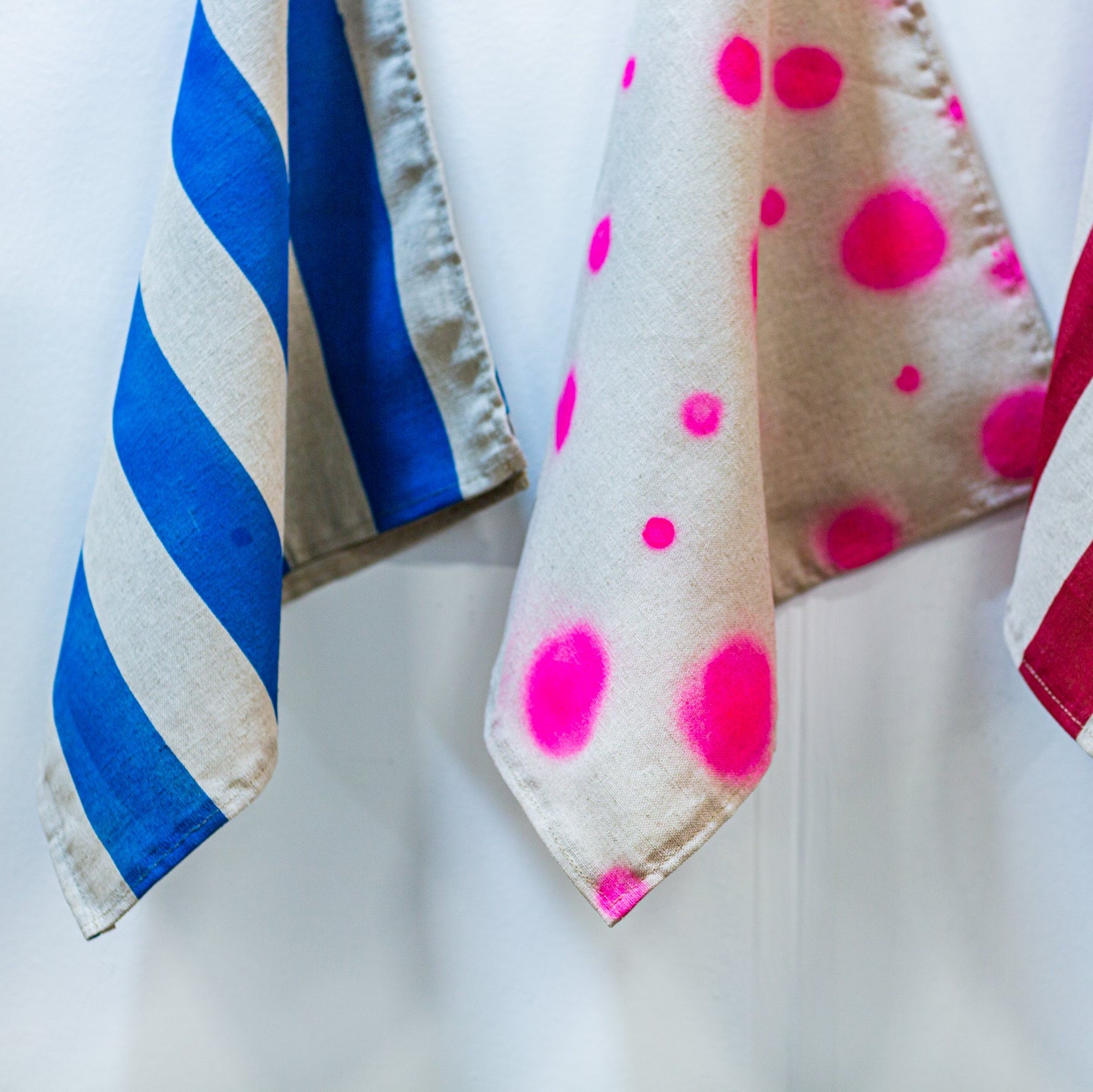hanging linen napkins with artisan hand printed block designs 