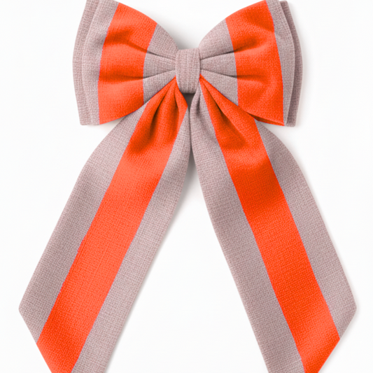 sustainable oversized bow orange stripe hanging Christmas decoration made off linen off-cuts
