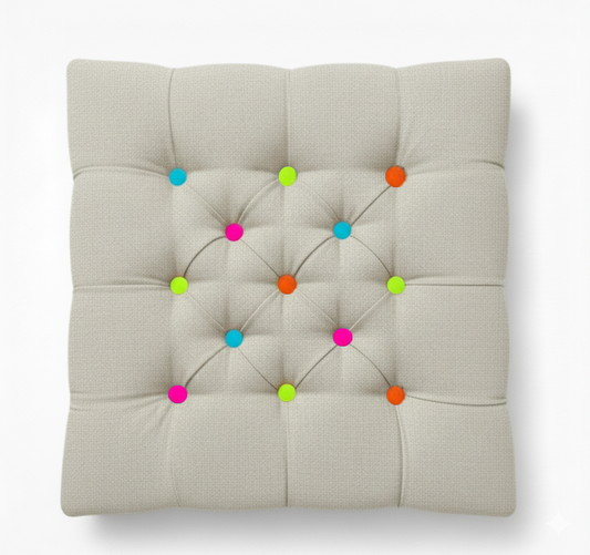 Upholstered Linen Square Footstool with contrast Button Tufting