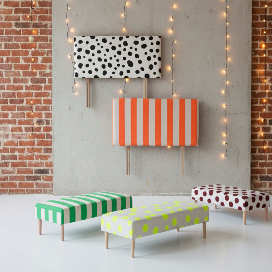 Hand-Painted Upholstered Linen Coffee Table Ottoman in Polka Dot print