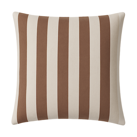 Striped pillow with brown and beige vertical stripes on a white background