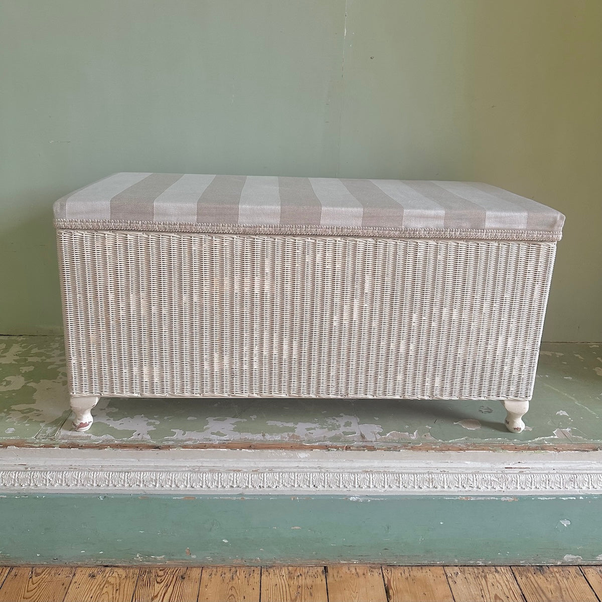 Upholstered Original Lloyd Loom Ottoman Storage Box in Cotton Linen Stripe