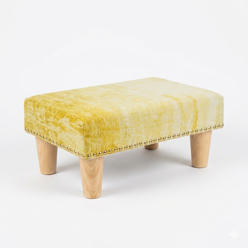 Sustainable Upholstered Studded Footstool in Marbled Lime Cotton