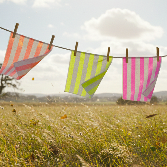 Colorful striped fabrics linen napkins hanging on a clothesline in a field with a clear sky.