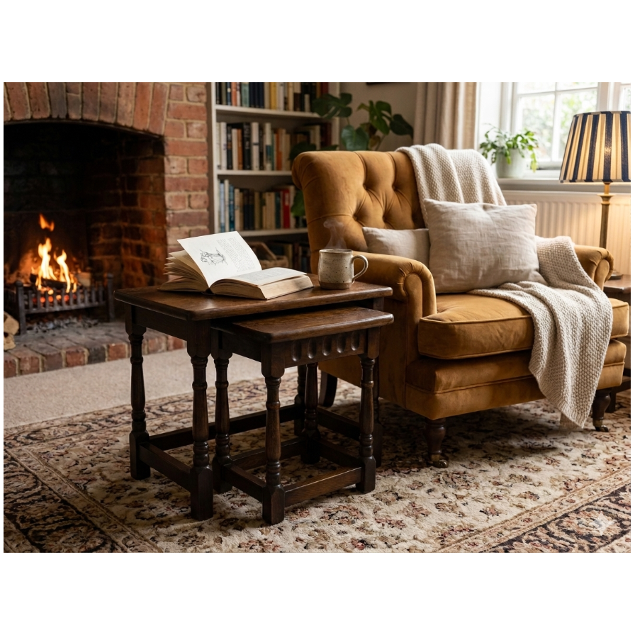 Cozy living room with armchair, wooden table, and fireplace.