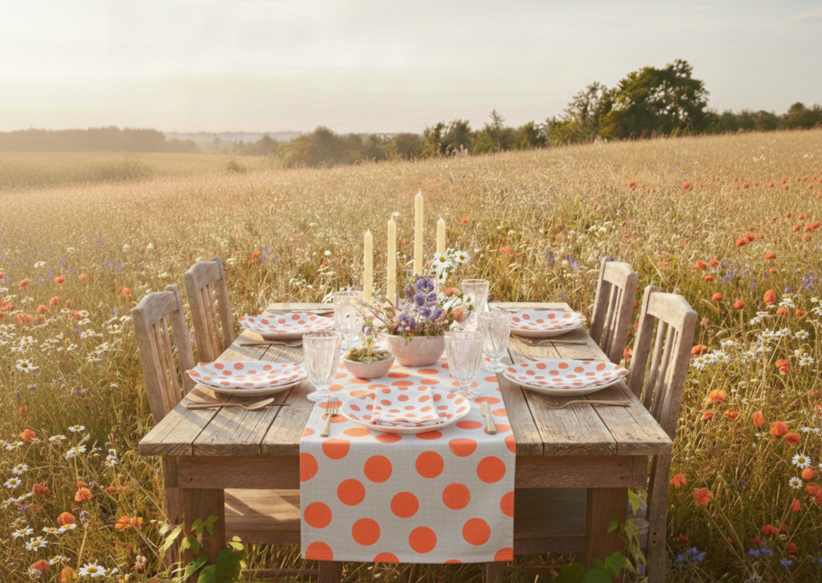 sustainble Dining table set with polka dot tablecloth in a field of wildflowers