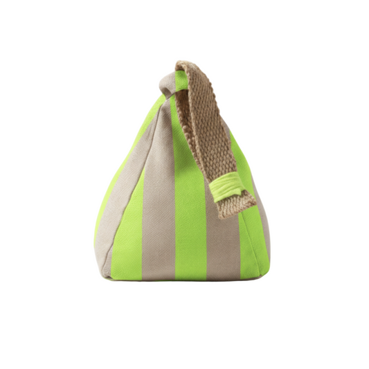 Triangular neon yellow and linen fabric doorstop on a white background