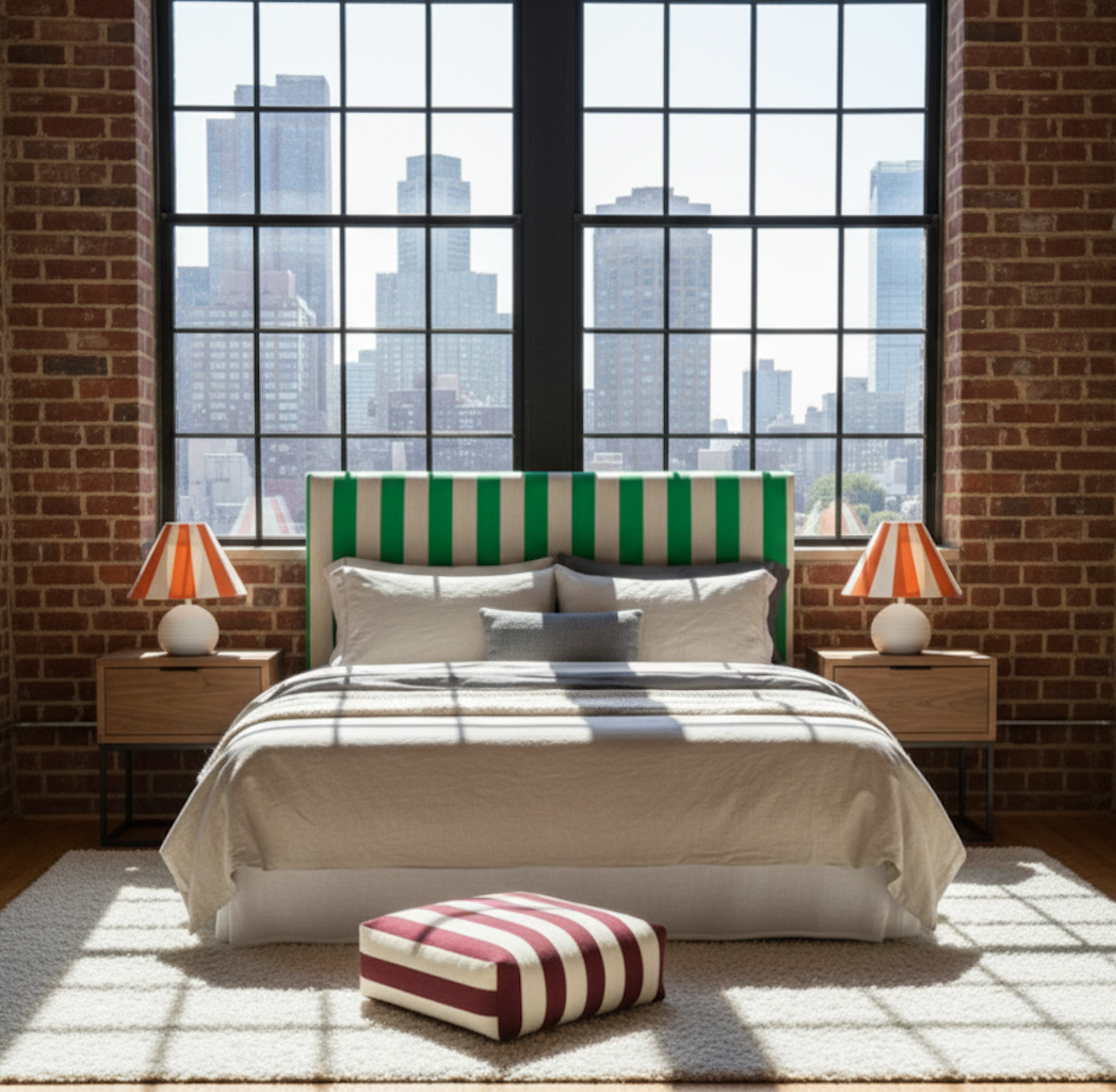 Hand-painted Upholstered Linen Headboard in Stripe print Single size