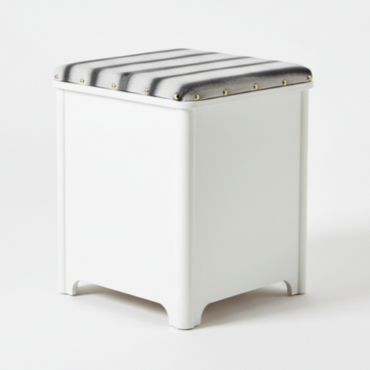 Upholstered Vintage Mex Storage Box Seat in Linen Stripe Print