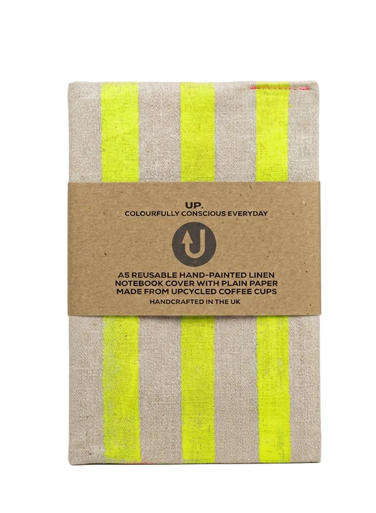 Upcycled A5 Notebook using reused coffee cups & Repurposed Linen Off-cut "Embrace Your Stripes" print