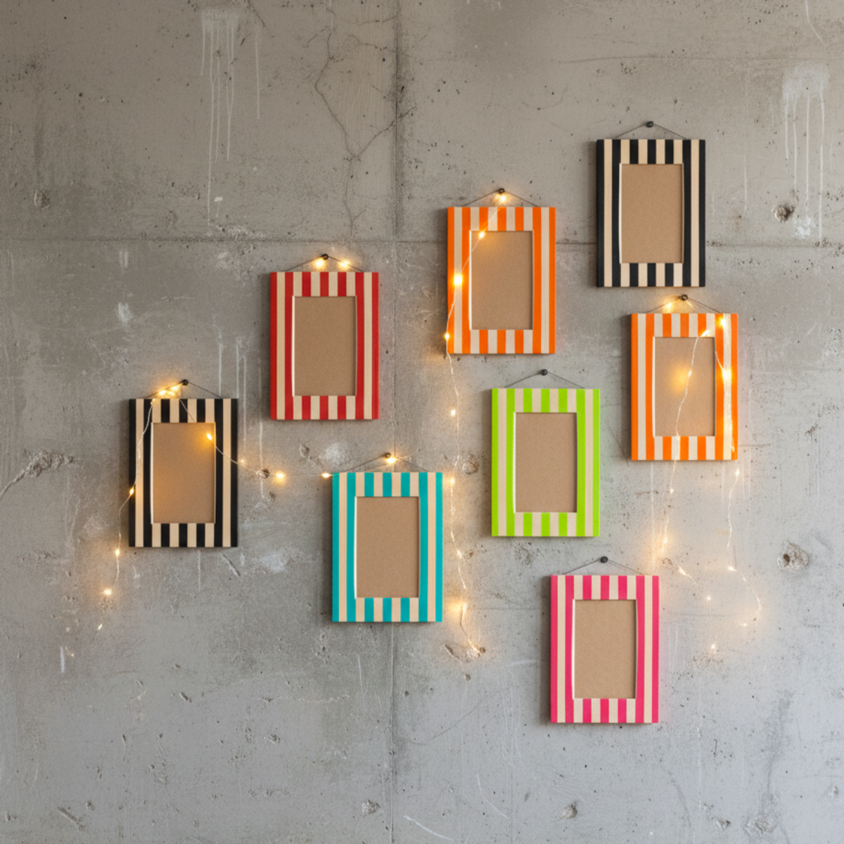 Colorful striped picture frames with lights on a concrete wall