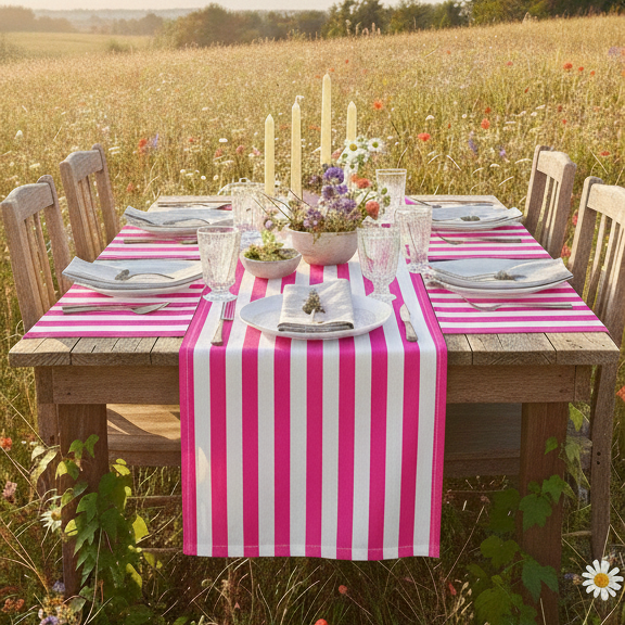 Table set for a meal in a field with a pink and white striped tablecloth.