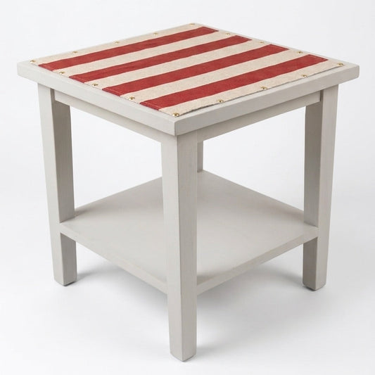 Vintage Upcycled Side Table | Hand-Painted Striped Linen Top & Gold Stud Detail