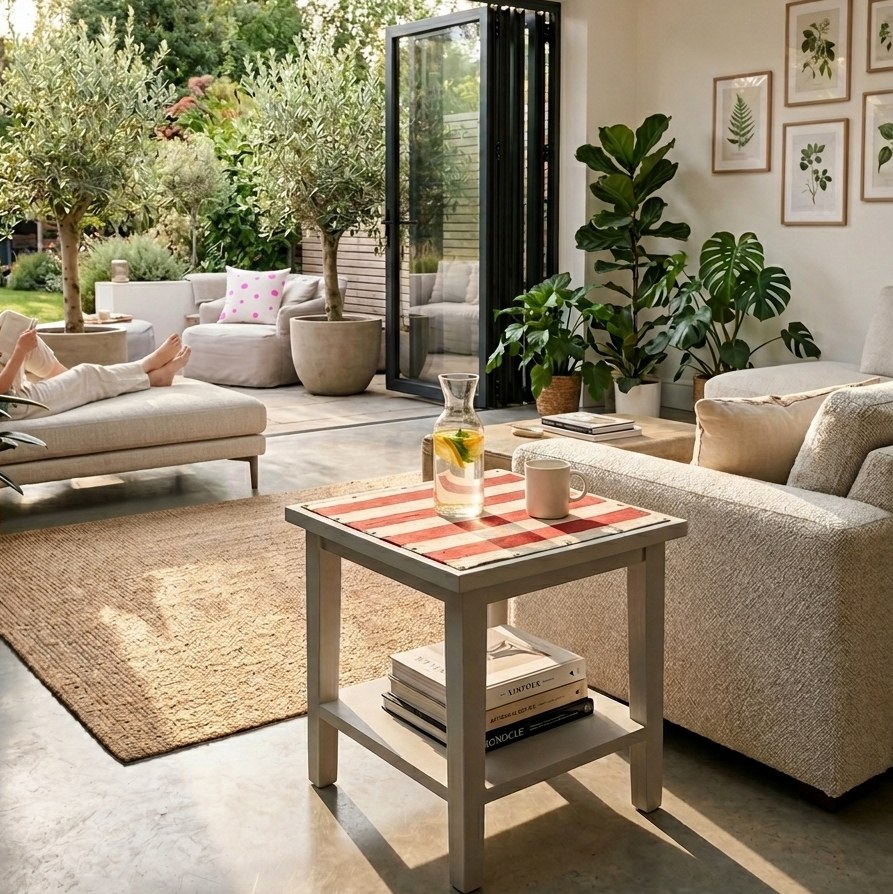 Modern living room with a view of a garden, featuring a sofa, coffee table, and decorative elements.