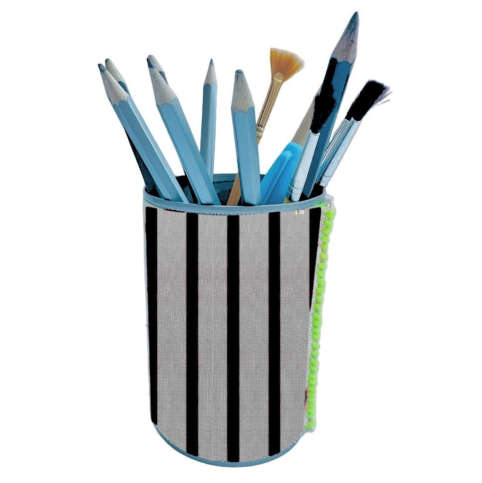 Black Stripe linen pencil holder upcycled using tin cans 