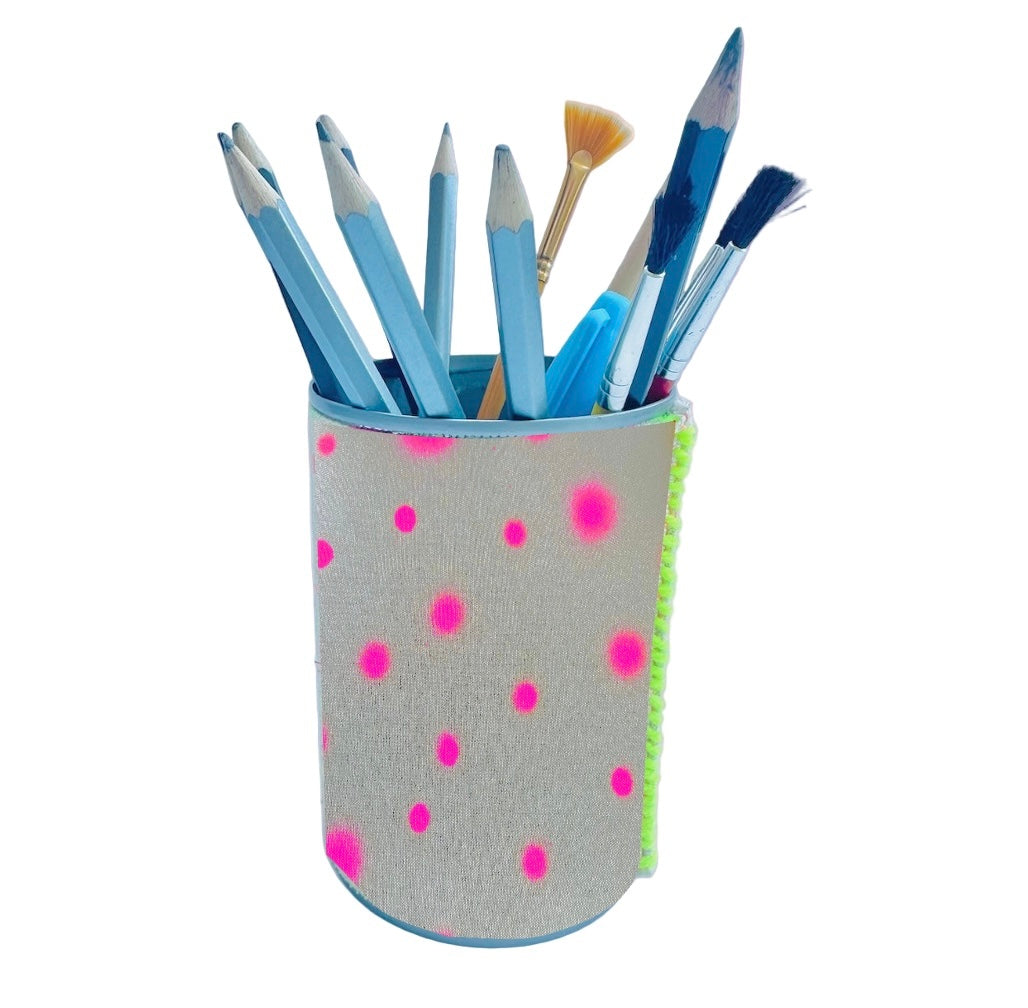hand illustrated polka dot print on linen fabric upcycled pen holder 