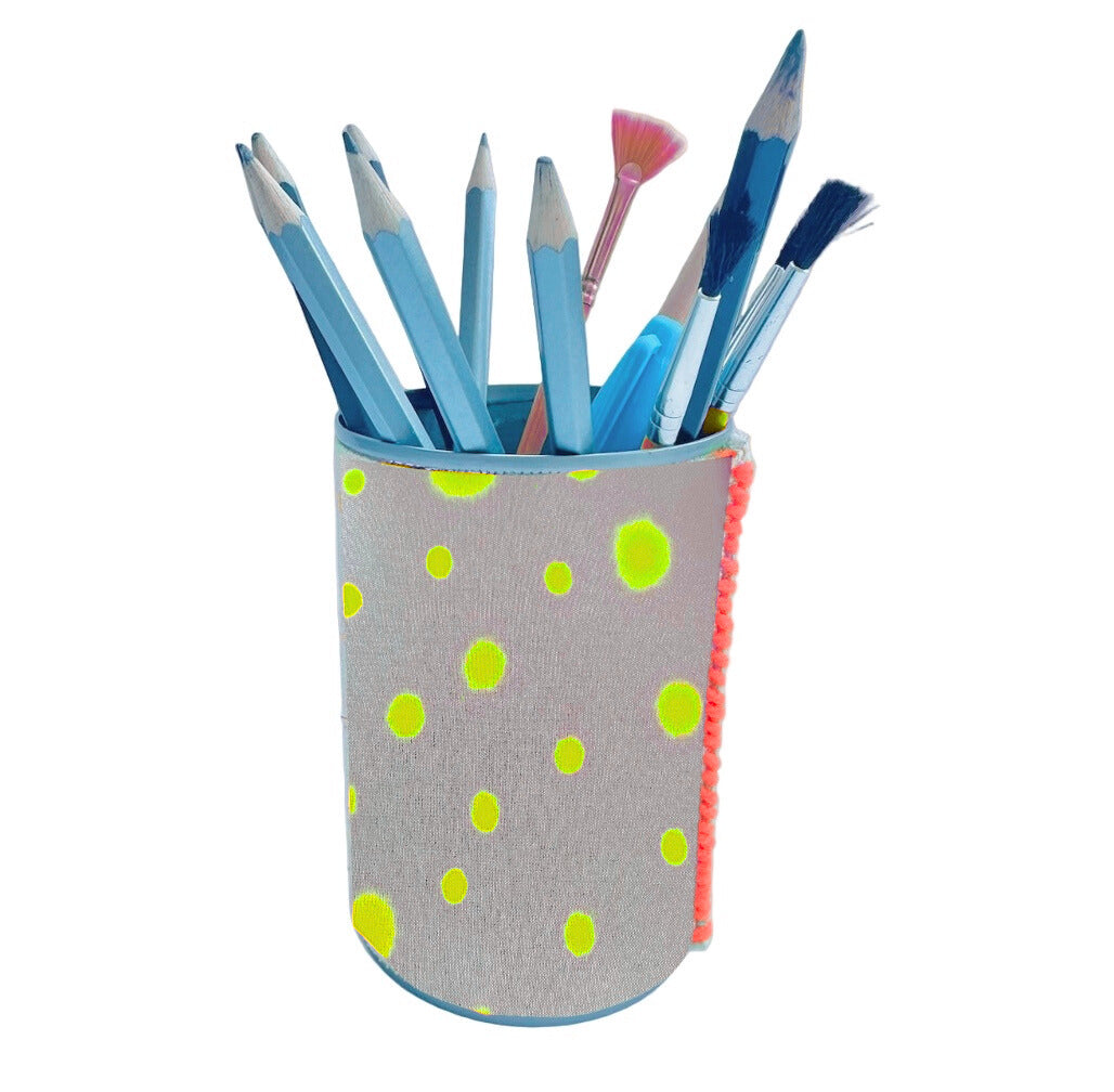 Upcycled tin holder using spray painted polka dot neon yellow print on linen fabric 