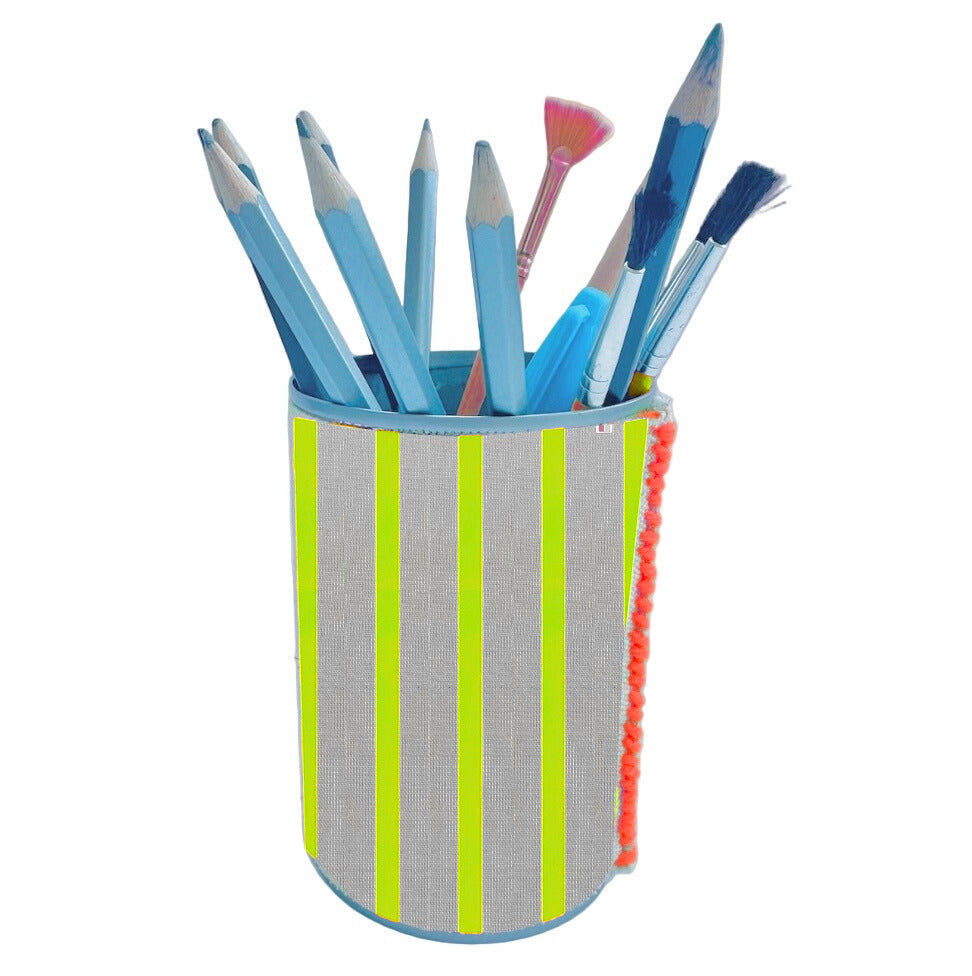 Pencil and pen holder made using Upcycled tin can and covered in linen fabric 