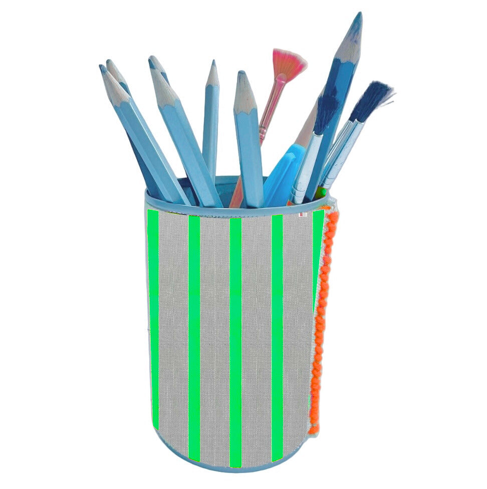 Upcycled Upholstery pen holder in linen off-cut fabric in a neon green stripe 