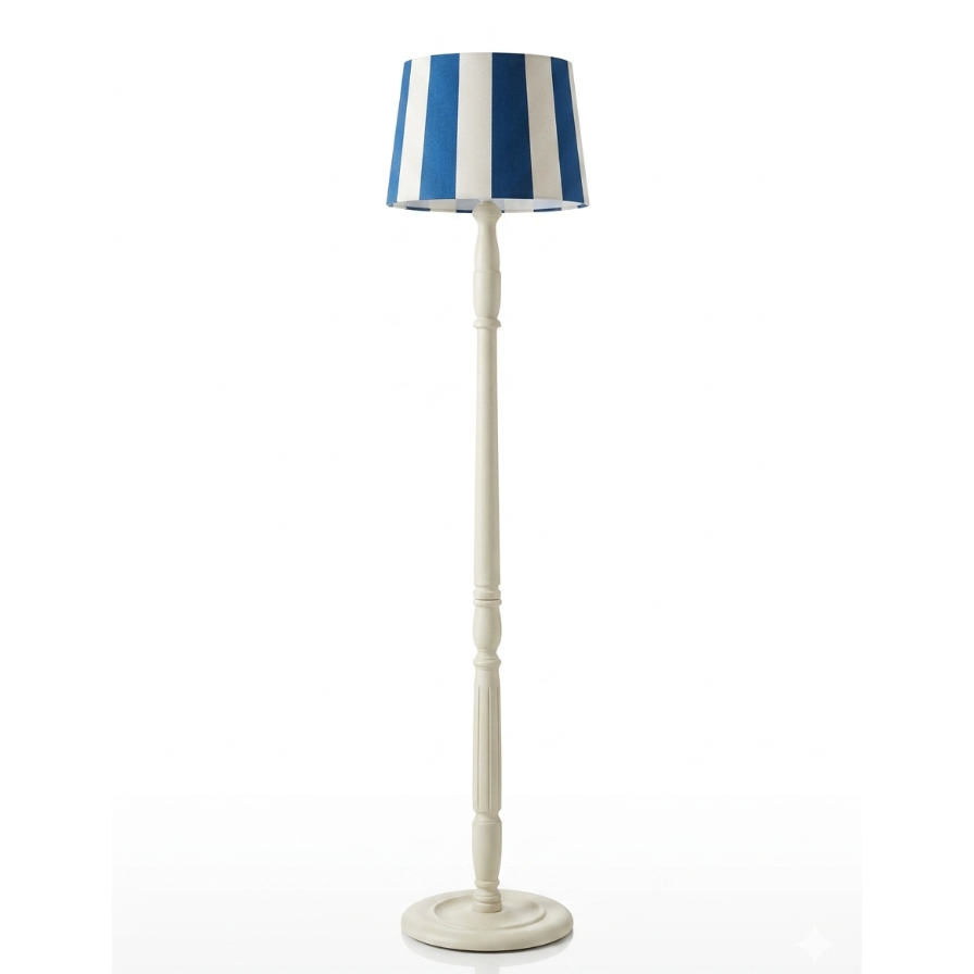 Floor lamp with a blue and white striped shade on a white background