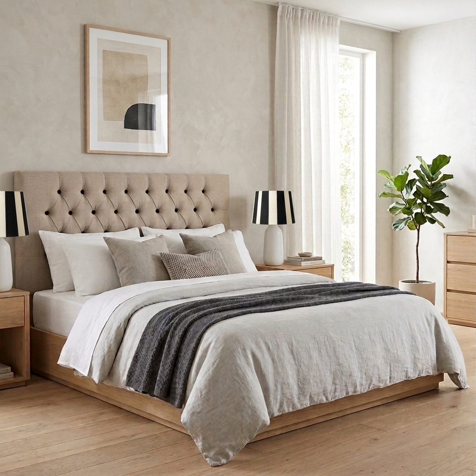 modern sustainable bedroom with monochrome linen king headboard and hand painted stripe lampshade