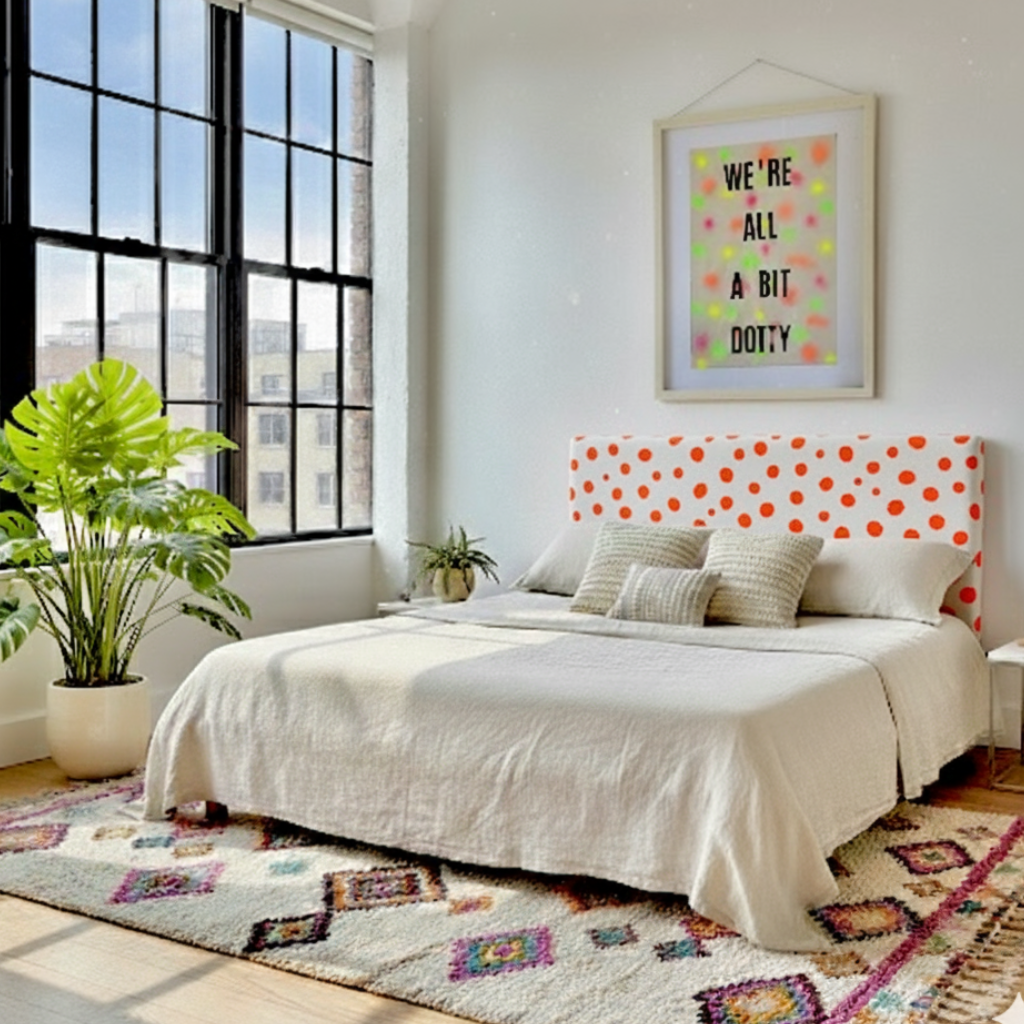Airy loft style bedroom with hand-painted polka dot headbaord and linen wall hanging 