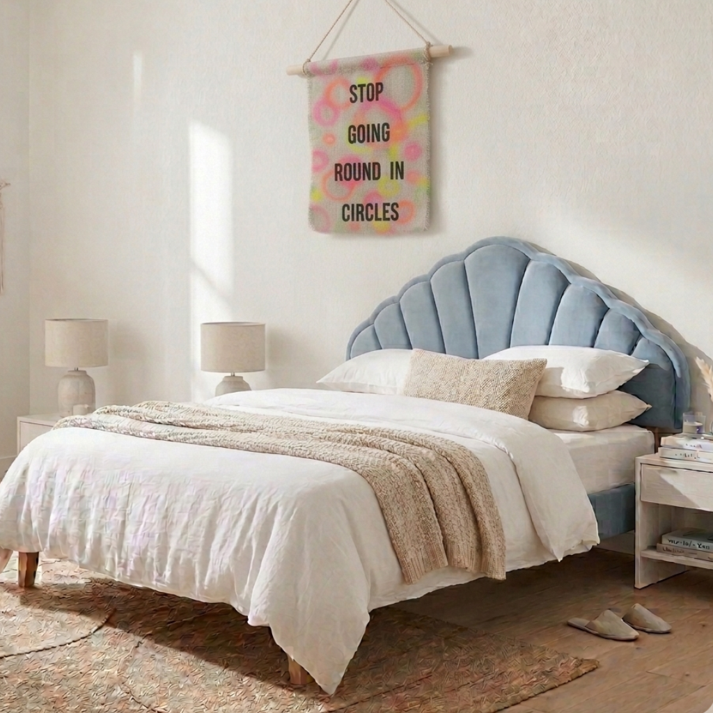 conscious crafted bedroom with sustaianble blue scallop headboard and upcyled linen wall hanging 