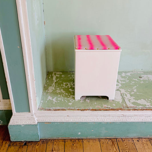 Upholstered Vintage Mex Storage Box Seat in Linen Neon Stripe