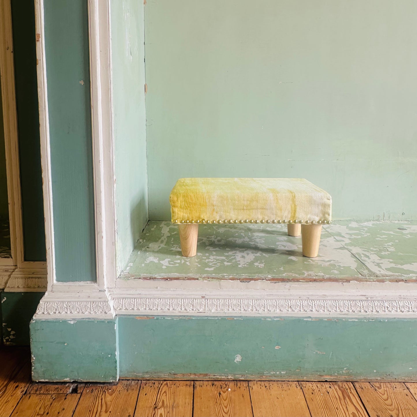 Sustainable Upholstered Studded Footstool in Marbled Lime Cotton