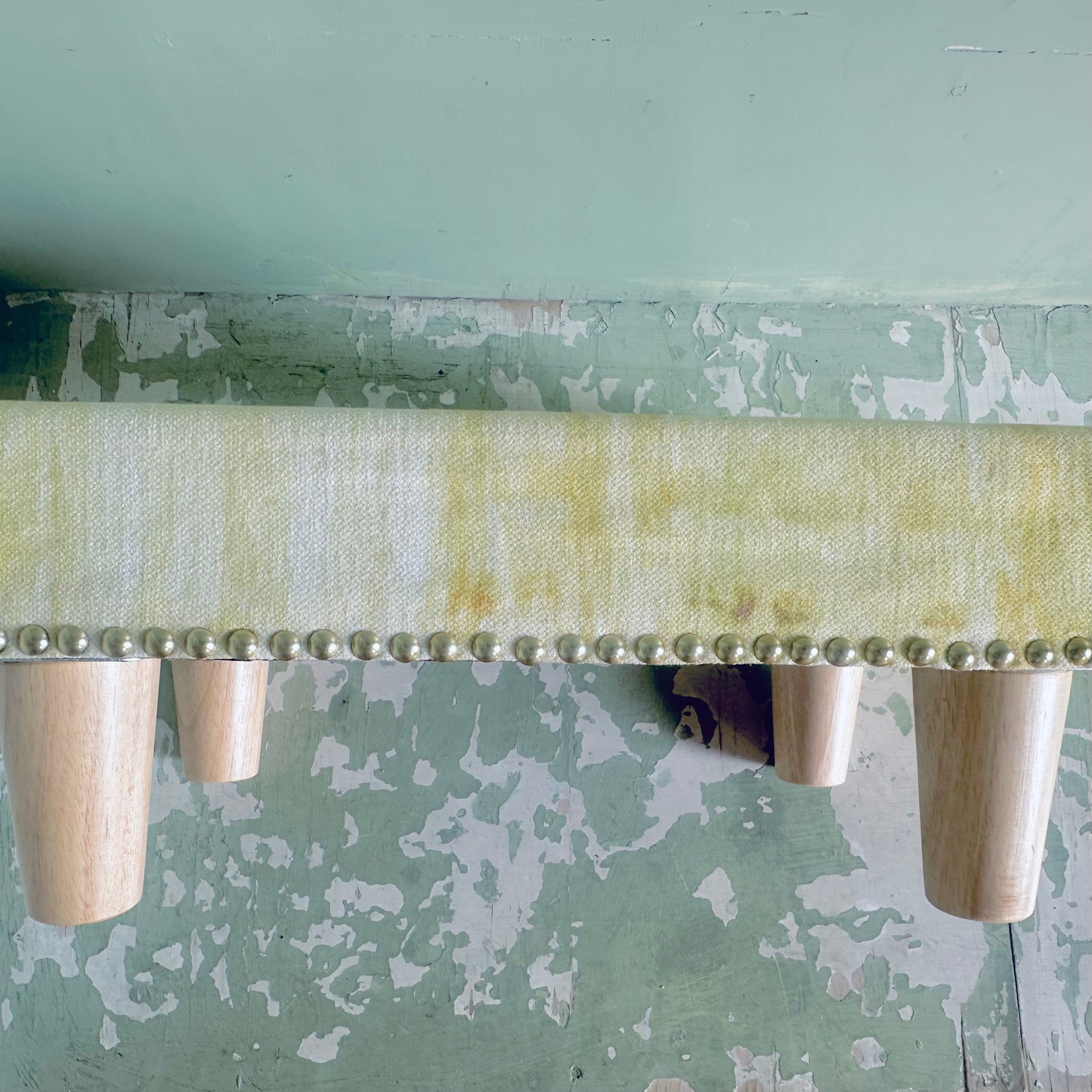 Sustainable Upholstered Studded Footstool in Marbled Lime Cotton