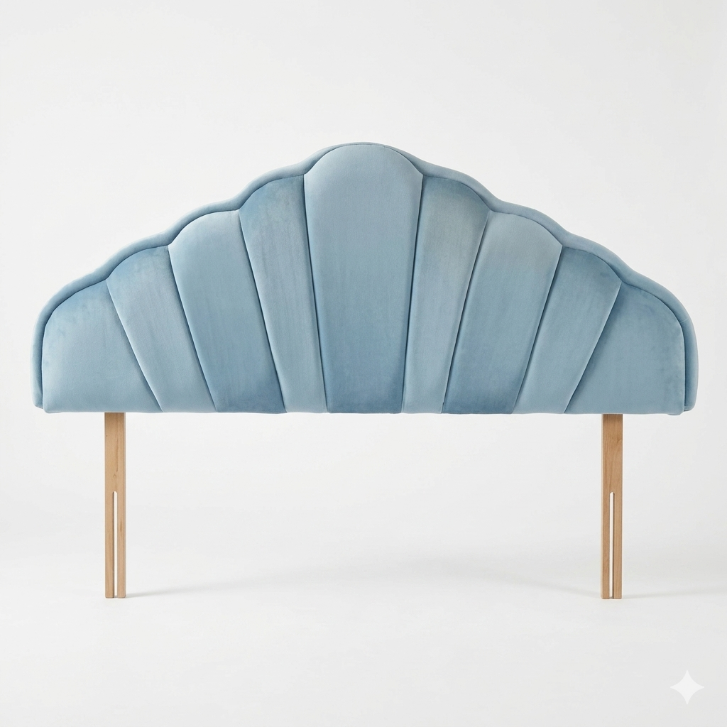 Blue Velvet upholstered headboard with scallop edging design for a double bed with wooden struts