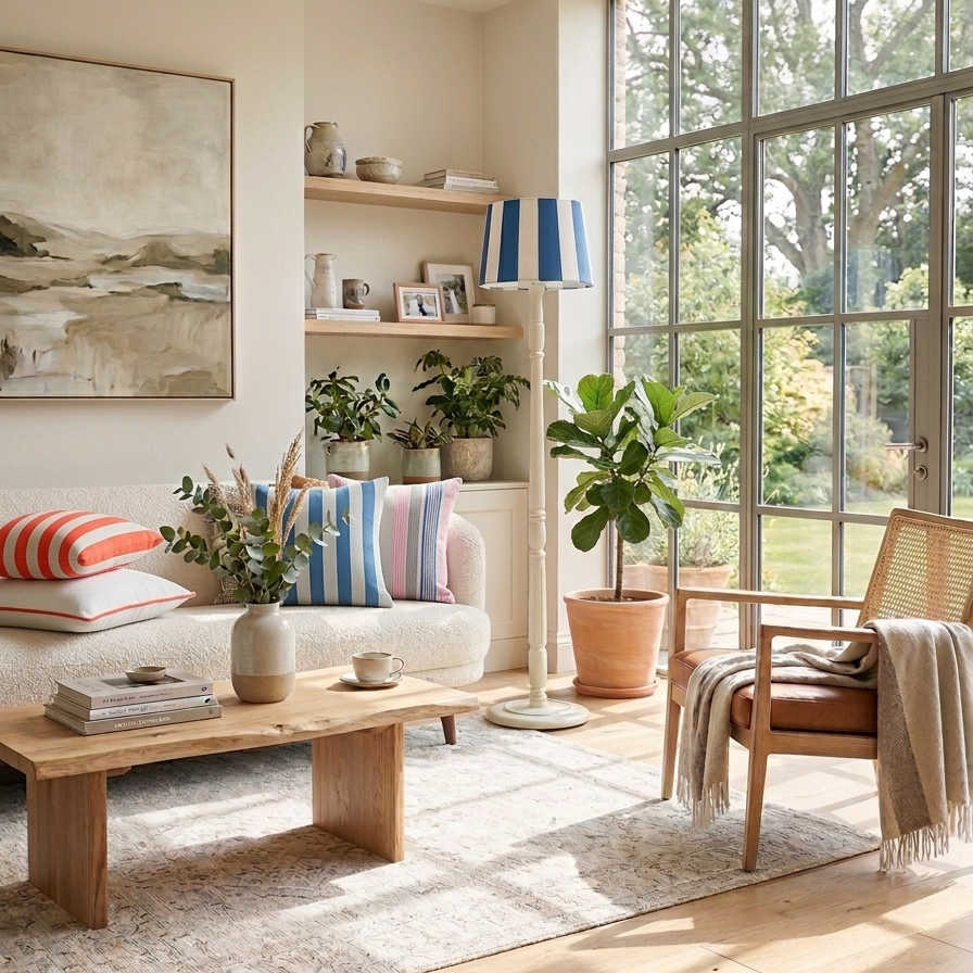 Modern living room with a large window, wooden furniture, and decorative plants.