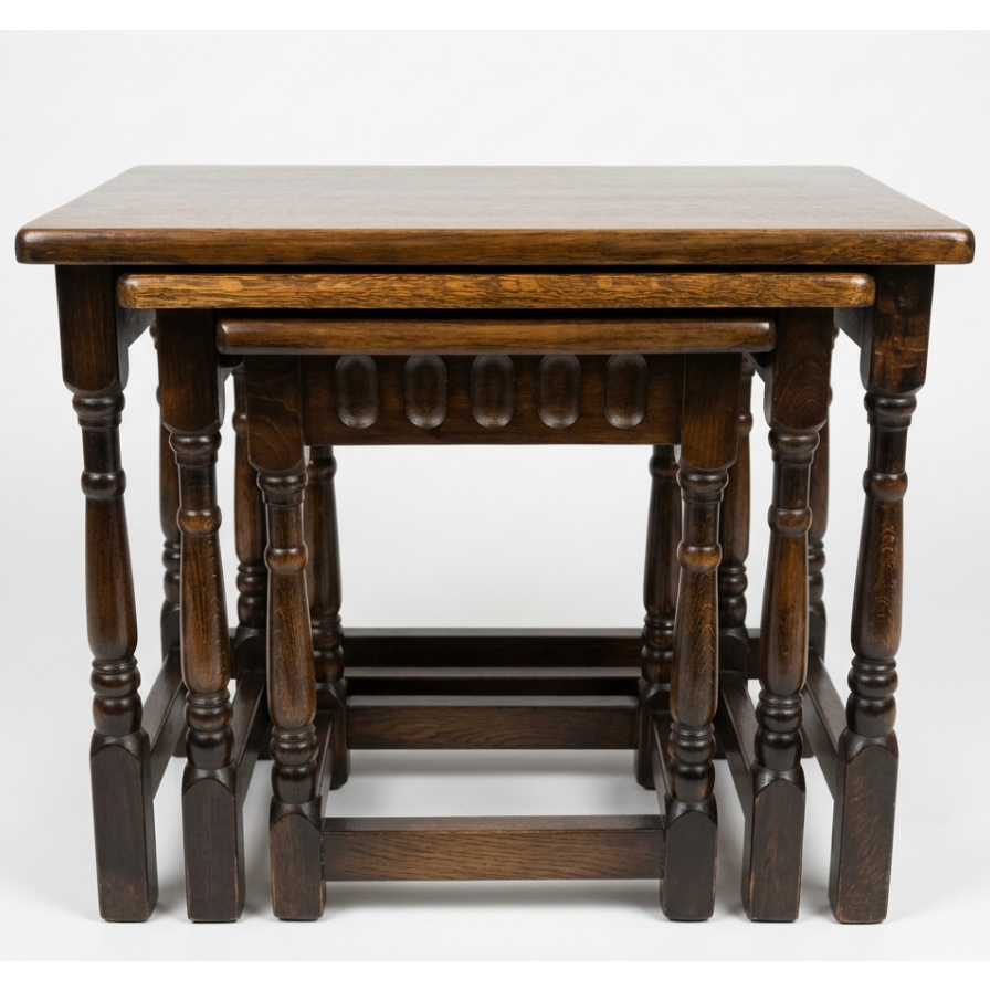 Vintage Nest of 3 Tables Dark Oak Carved Tudor Style Stacking Coffee Side Tables