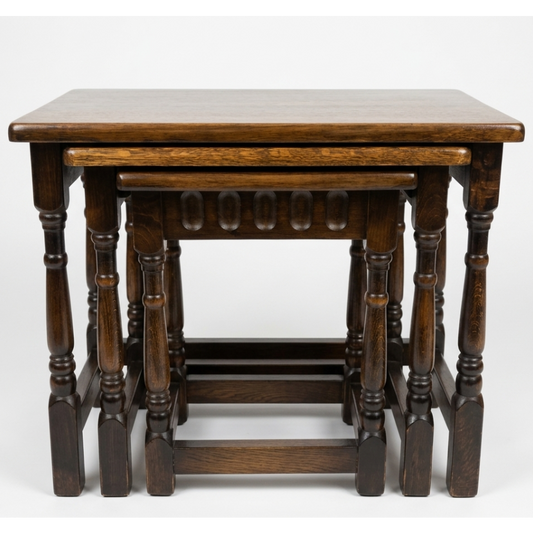 Vintage Nest of 3 Tables Dark Oak Carved Tudor Style Stacking Coffee Side Tables